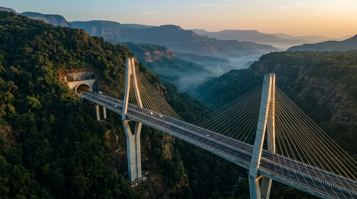 Cable-stayed bridge through Sahyadri hills at sunrise — Mumbai Pune Missing Link 2026