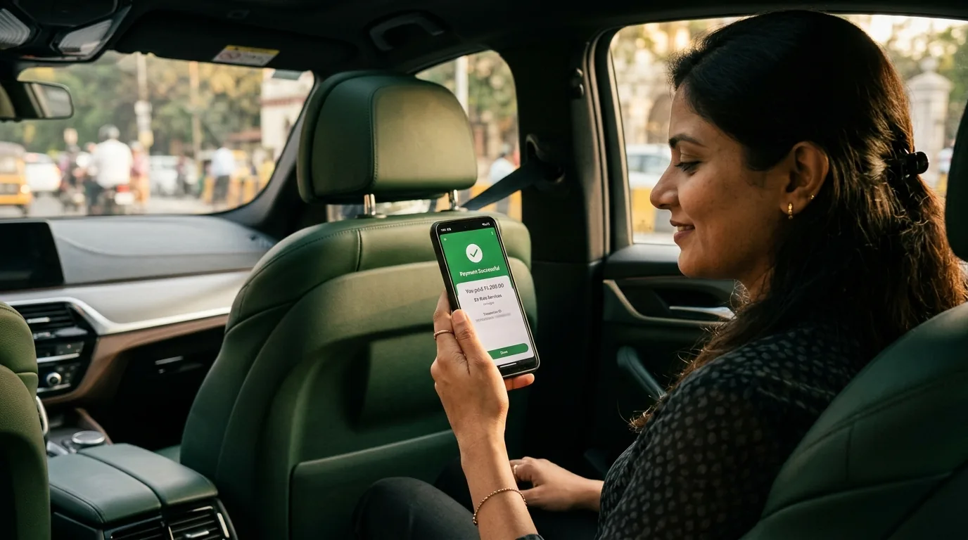 Indian woman in the back seat of a premium cab smiling at a smartphone showing a UPI Payment Successful confirmation after her ride