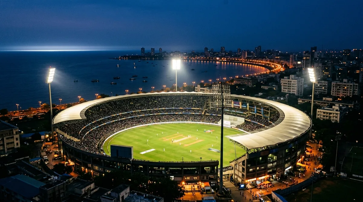 Wankhede Stadium Mumbai at dusk under floodlights with Marine Drive — IPL 2026 cab guide