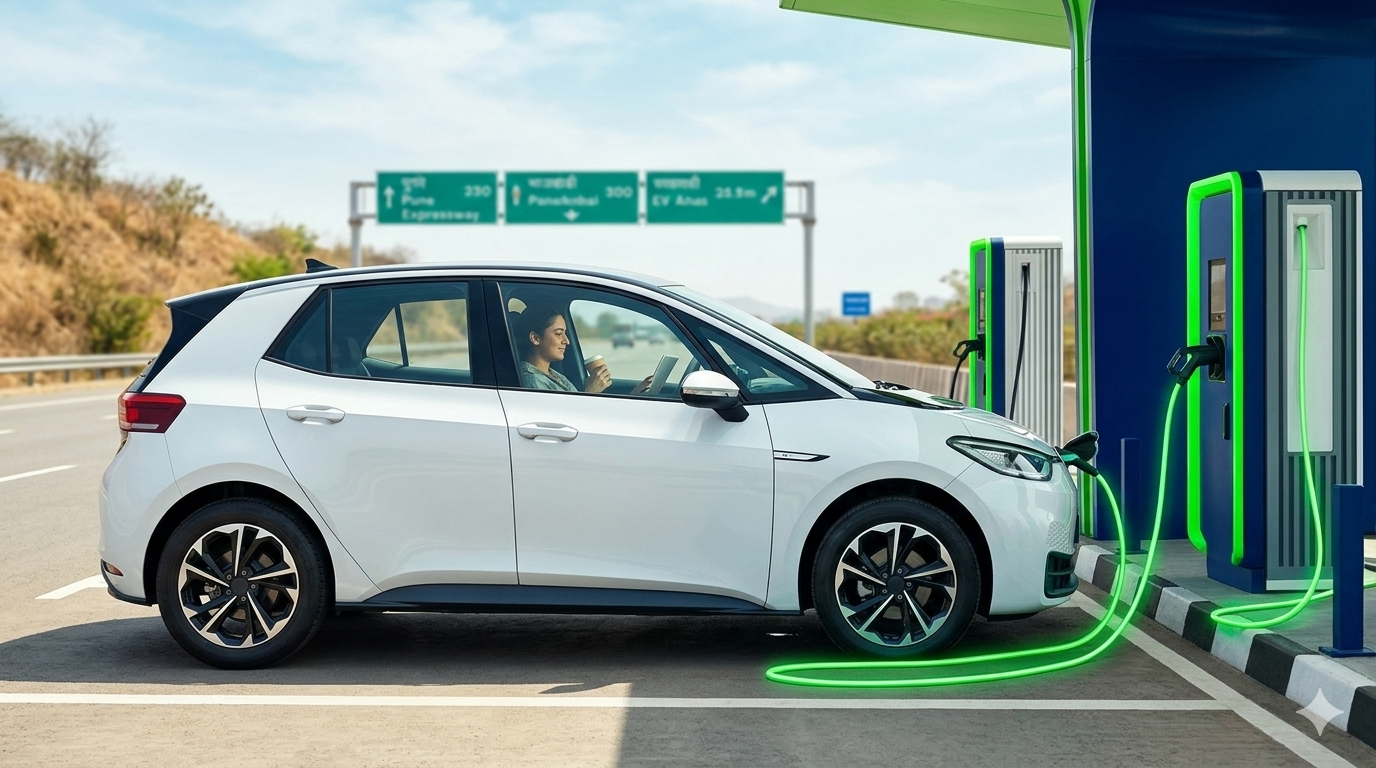 Electric vehicle at a Pune Expressway charging station — EV cab myths debunked for Pune to Mumbai travel